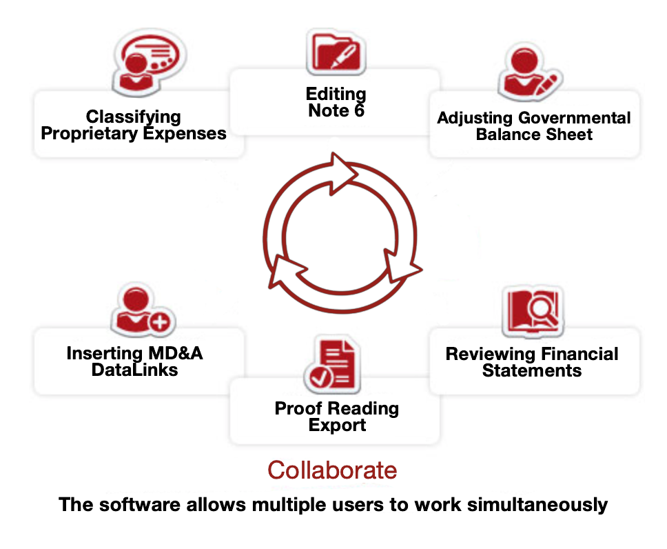 TRS is a web-based solution. The image depicts that numerous users can work simultaneously in different sections of the annual report.